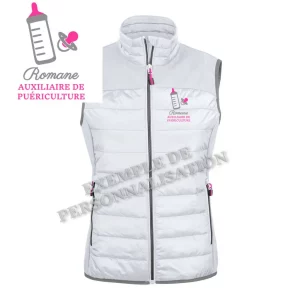 Doudoune Auxiliaire de Puériculture personnalisée Maternité Blanche Motif Rose