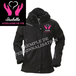 Parka Auxiliaire de vie personnalisée Noire Motif Rose