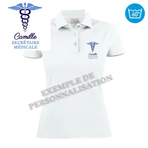 Polo Secrétaire Médicale Personnalisée Blanc Motif Bleu
