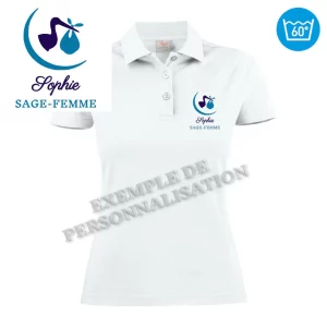 Polo Sage-Femme personnalisé Blanc Motif Bleu