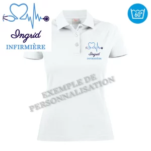 Polo Infirmière Personnalisé Blanc Motif Bleu