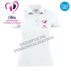 Polo Infirmière Puéricultrice Personnalisée Blanc Motif Fuchsia