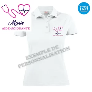 Polo Aide-Soignante Personnalisé Blanc Motif Fuchsia