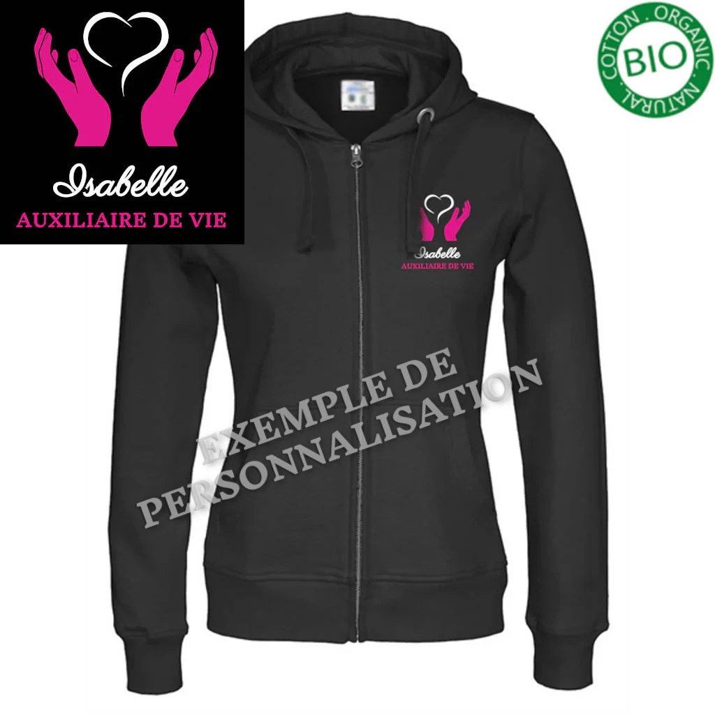 Veste à capuche Femme Aide à la personne Noire Motif Rose
