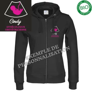 Veste à capuche Femme Gynécologie Noire Motif Rose