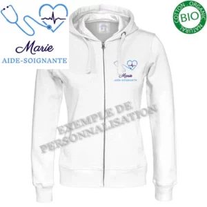 Veste à capuche aide-soignante personnalisée Blanche Motif Bleu