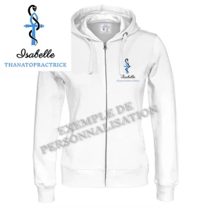 Veste à capuche Femme Thanatopractrice Blanche Motif Bleu