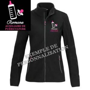 Polaire Auxiliaire de puériculture personnalisée Noire Motif Rose