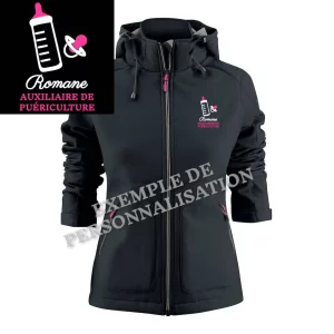Veste imperméable auxiliaire de puériculture personnalisée Couleur Noire Motif Rose