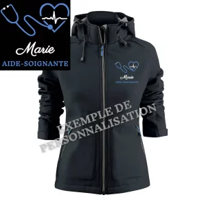 Veste imperméable aide-soignante personnalisée Couleur Noire Motif Bleu